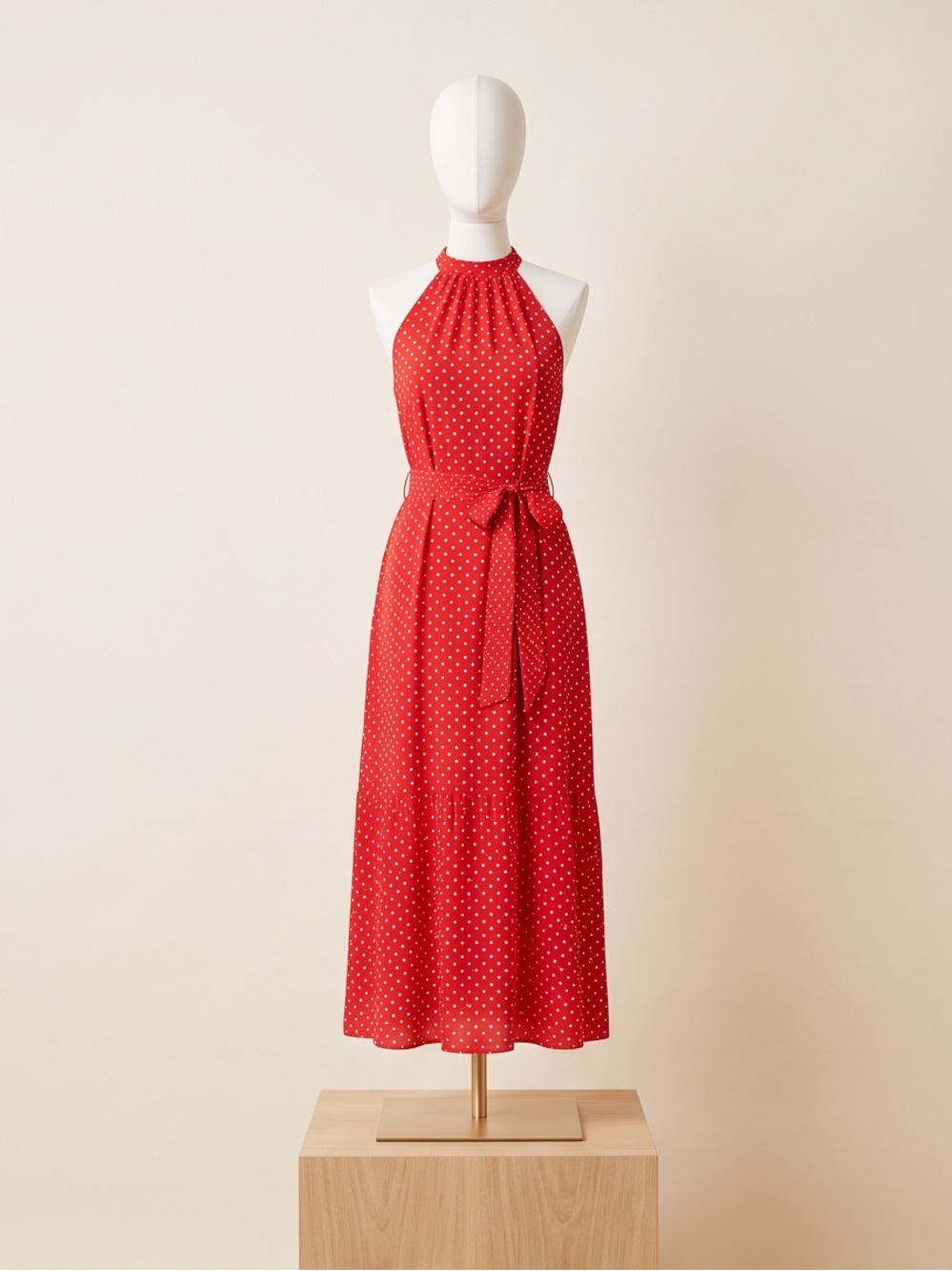 Polka Dot Halter Maxi Dress with Self-Tie Waist